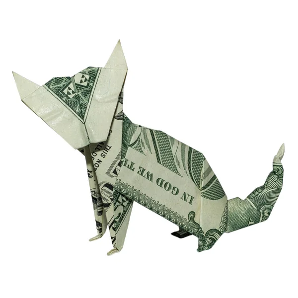 Denaro Origami Seduto Cat Piegato Con Dollaro Reale Bill Isolato — Foto Stock