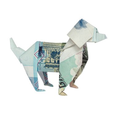 Mavi köpek 50 ile katlanmış Para Origami Rus ruble Bill beyaz arka plan üzerinde izole.