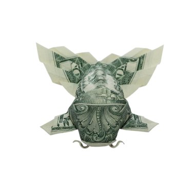 Beyaz arka plan üzerinde para Origami Koi balık kabarık kuyruğu ile gerçek bir dolarlık banknot katlanmış ile izole