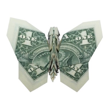 Beyaz zemin üzerine yeşil kelebek katlanmış Para Origami gerçek bir dolarlık banknot ile izole