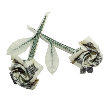 Para Origami gül ile gerçek katlanmış geçti bir dolar fatura üzerinde izole beyaz arka plan