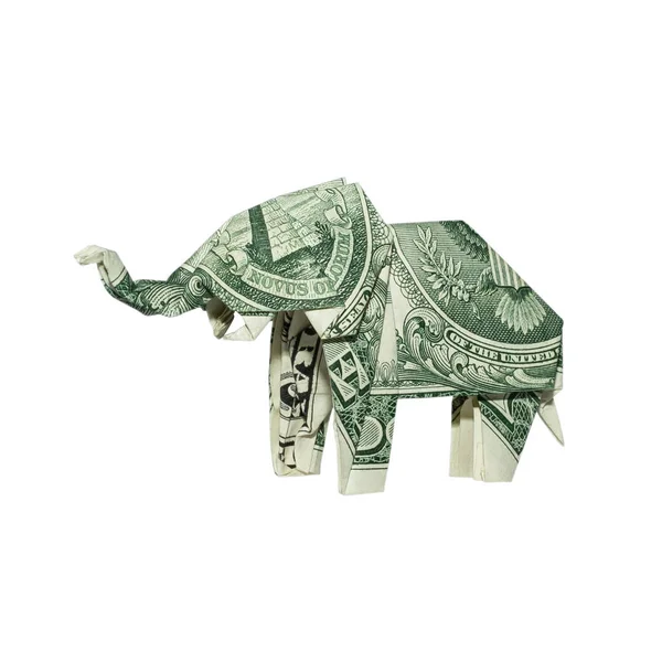 Деньги Оригами Элефант Сложены Реальным Один Доллар Билл Изолирован Белом — стоковое фото