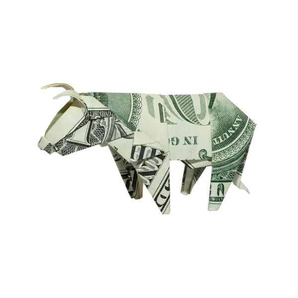 Denaro Origami Cow Piegato Con Dollaro Reale Bill Isolato Sfondo — Foto Stock