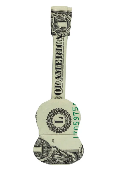本物の ドル札でお金折り紙クラシック ギターが折り返されている白い背景の分離 — ストック写真