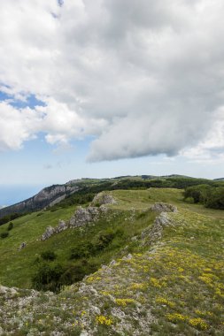Yeşil dağlar ve düşük bulutlar Kırım yarımadası doğa manzara arka plan