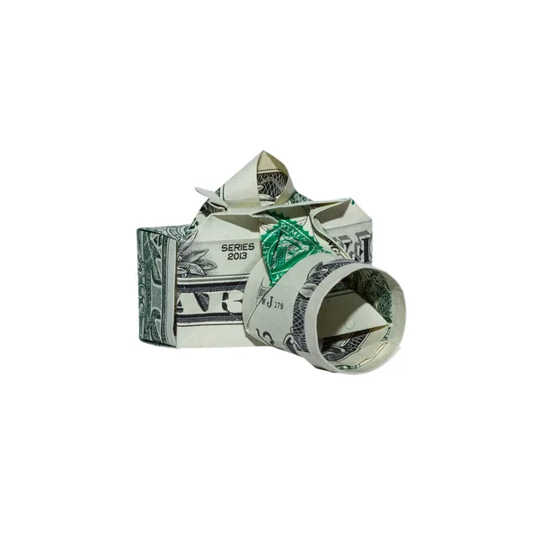 Beyaz Arka Plan Üzerinde Para Origami Kamera Ile Gerçek Bir — Stok fotoğraf