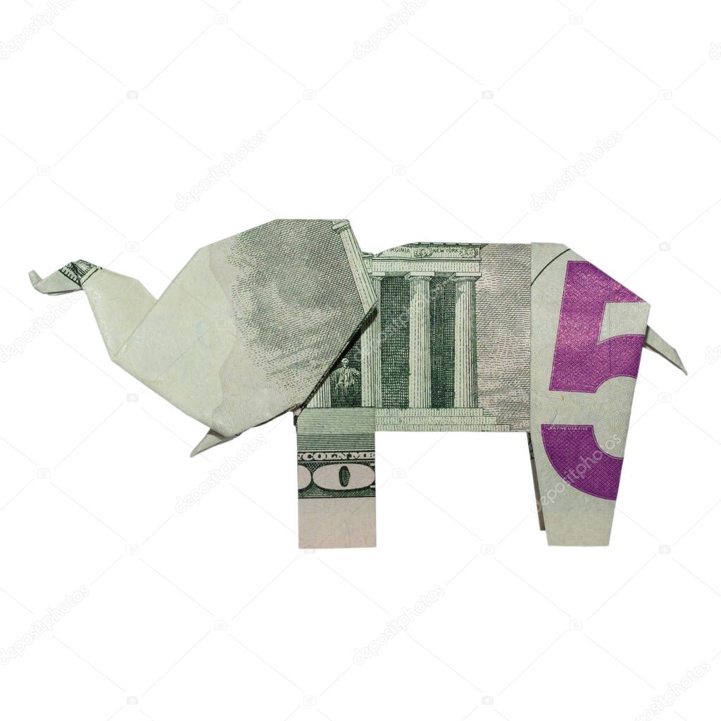 Money Origami ELEPHANT Left Side Folded with Real FIVE Dollar Bill Isolated on White Background