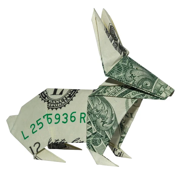 Money RABBIT Origami Easter Bunny Folded Hare Real One Dollar Bill Isolated on White Background