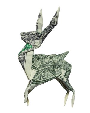 Beyaz arka plan üzerinde gerçek bir dolar Bill geyik katlanmış Para Origami geyik izole