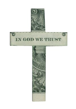 Money Origami In God We Trust CROSS Folded with Real One Dollar Bill Isolated on White Background clipart