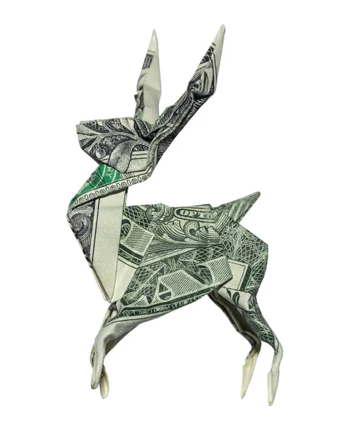Peníze Origami Jelen Složený Skutečné Jeden Dolar Bill Jelen Izolované — Stock fotografie