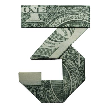 Beyaz arka plan üzerinde katlanmış ile gerçek bir dolarlık banknot Para Origami 3 rakam izole
