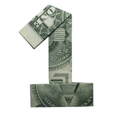 Beyaz arka plan üzerinde katlanmış ile gerçek bir dolarlık banknot Para Origami 1 rakam izole
