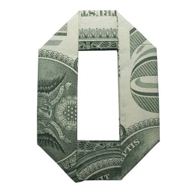 Beyaz arka plan üzerinde O harfi karakter katlanmış Para Origami rakam 0 gerçek bir dolarlık banknot ile izole