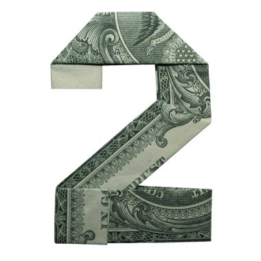 Beyaz arka plan üzerinde katlanmış ile gerçek bir dolarlık banknot Para Origami 2 rakam izole