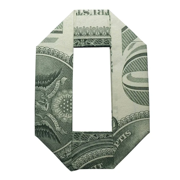 Money Origami DIGIT 0 LETTER O Character Folded with Real One Dollar Bill Isolated on White Background