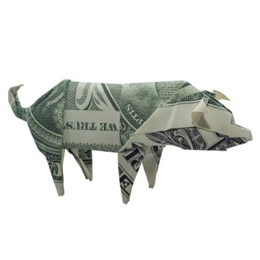 Beyaz arka plan üzerinde yaban domuzu katlanmış Para Origami gerçek bir dolarlık banknot ile izole