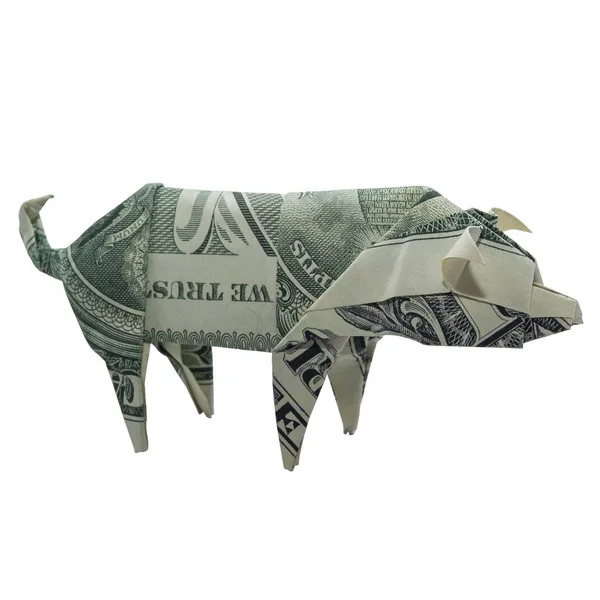 Denaro Origami Wild Maiale Piegato Con Dollaro Reale Bill Isolato — Foto Stock