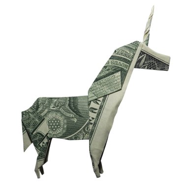 Beyaz arka plan üzerinde para Origami tek boynuzlu at Mystic hayvan katlanmış gerçek bir dolarlık banknot ile izole