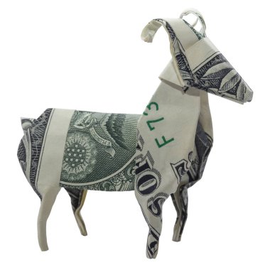 Beyaz arka plan üzerinde katlanmış ile gerçek bir dolarlık banknot Para Origami Ram koç zodyak hayvan izole