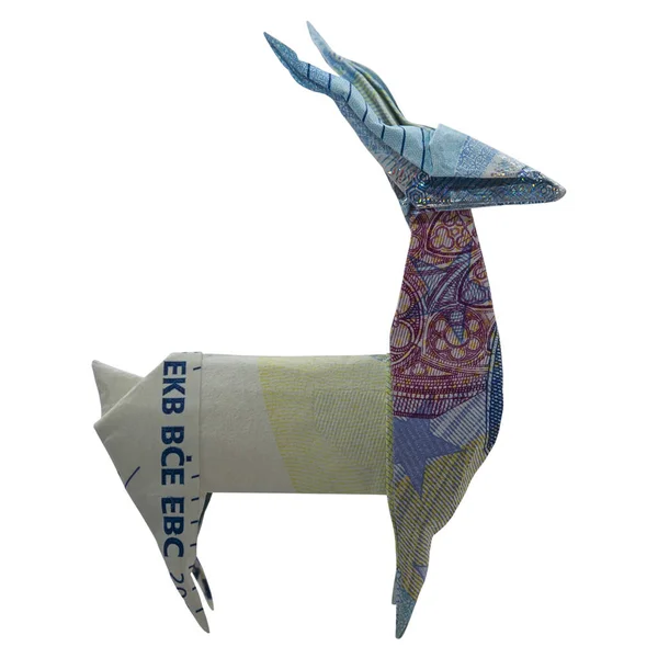 Peníze Origami Modrý Jelen Divoké Zvíře Složené Skutečné Euro Vědomí — Stock fotografie