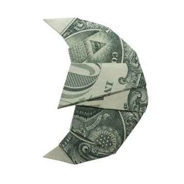 Beyaz arka plan üzerinde para Origami Hilal Half Moon göz ve burun ile gerçek bir dolarlık banknot katlanmış ile izole