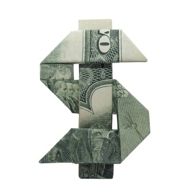 Para Origami dolar işareti Pezosu sembol Mark katlanmış gerçek ile iki dolar Bill izole üzerinde beyaz arka plan