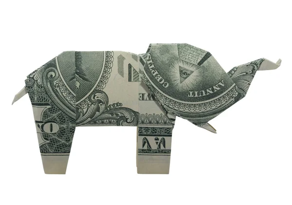 Peníze Origami Oko Elephant Zvíře Složené Skutečné Jednodolarové Bankovce Izolovaných — Stock fotografie