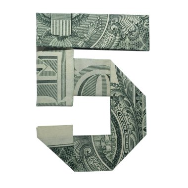 Beyaz arka plan üzerinde katlanmış ile gerçek bir dolarlık banknot para Origami 5 rakam izole