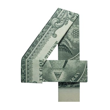 Beyaz arka plan üzerinde para Origami Digit 4 sayı ile gerçek bir dolarlık banknot katlanmış izole