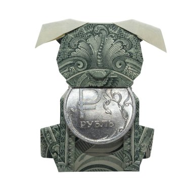 Para Origami köpek köpek tutar coin ile katlanmış gerçek bir dolar Bill Izole beyaz arka plan