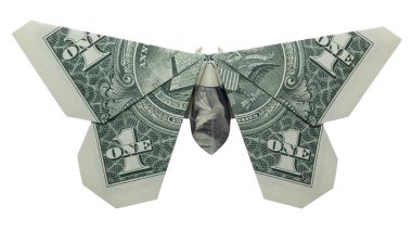 Para Origami Kelebek beyaz arka planda Izole gerçek bir dolar Bill ile katlanmış