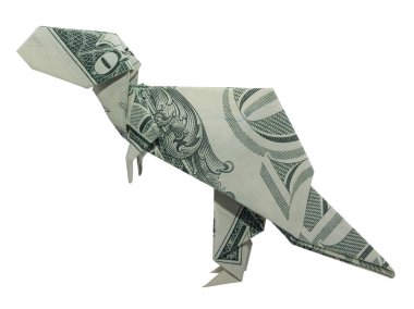 Beyaz arka planda Izole gerçek bir dolar Bill ile katlanmış para origami T-Rex Tyrannosaurus Dinosaur