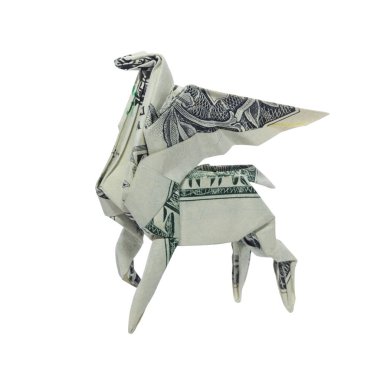Para Origami Pegasus Mystic hayvan gerçek bir dolar Bill ile katlanmış beyaz arka planda Izole