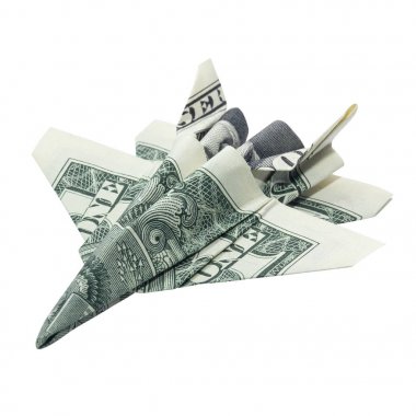 Para Origami F-18 Hornet Jet Fighter gerçek bir dolar Bill ile katlanmış beyaz arka planda Izole