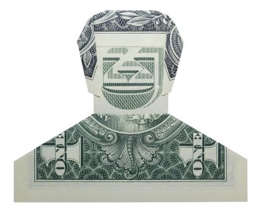 Para Origami gülümseyen dude adam yüz katlanmış ile gerçek bir dolar Bill Izole üzerinde beyaz arka plan