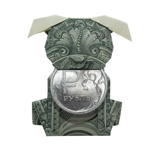 Para Origami Köpek Köpek Tutar Coin Ile Katlanmış Gerçek Bir — Stok fotoğraf
