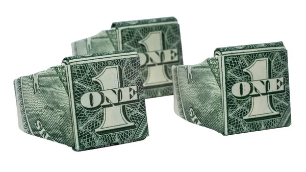 マネー折り紙白い背景に隔離された実際の1ドル札で折り畳まれた3つのシグネットRing — ストック写真