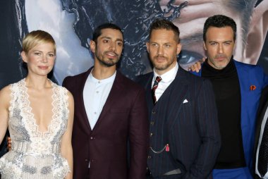 'Zehir Regency köyü tiyatro Westwood, ABD'de 1 Ekim 2018 düzenlenen' in Riz Ahmed, Reid Scott, Tom Hardy ve Michelle Williams, Los Angeles premiere.