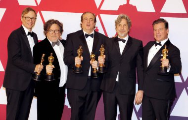 Jim Burke, Charles B. Wessler, Nick Vallelonga, Peter Farrelly ve Brian Currie, 91 yıllık Akademi Ödülleri - basın odası Loews Hotel Hollywood, ABD'de 24 Şubat 2019 düzenlenen.