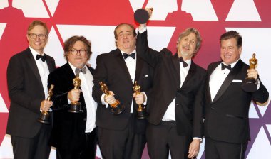 Jim Burke, Charles B. Wessler, Nick Vallelonga, Peter Farrelly ve Brian Currie, 91 yıllık Akademi Ödülleri - basın odası Loews Hotel Hollywood, ABD'de 24 Şubat 2019 düzenlenen.