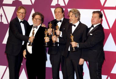 Jim Burke, Charles B. Wessler, Nick Vallelonga, Peter Farrelly ve Brian Currie, 91 yıllık Akademi Ödülleri - basın odası Loews Hotel Hollywood, ABD'de 24 Şubat 2019 düzenlenen.