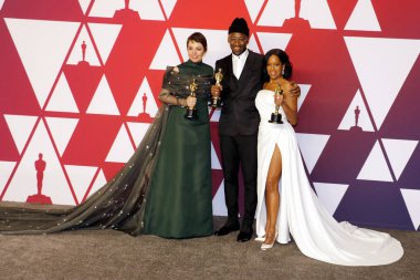 Olivia Colman, Regina King ve Mahershala Ali, 91 yıllık Akademi Ödülleri - basın odası Loews Hotel Hollywood, ABD'de 24 Şubat 2019 düzenlenen.