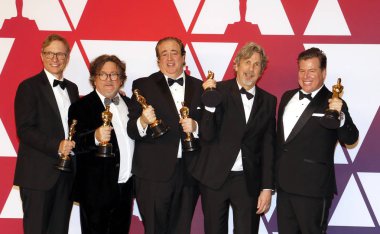 Jim Burke, Charles B. Wessler, Nick Vallelonga, Peter Farrelly ve Brian Currie, 91 yıllık Akademi Ödülleri - basın odası Loews Hotel Hollywood, ABD'de 24 Şubat 2019 düzenlenen.