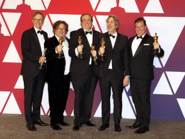Jim Burke, Charles B. Wessler, Nick Vallelonga, Peter Farrelly ve Brian Currie, 91 yıllık Akademi Ödülleri - basın odası Loews Hotel Hollywood, ABD'de 24 Şubat 2019 düzenlenen.