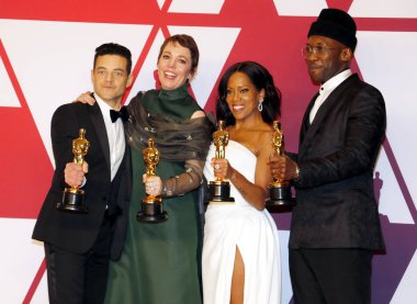 Rami Malek, Olivia Colman, Regina King ve Mahershala Ali, 91 yıllık Akademi Ödülleri - basın odası Loews Hotel Hollywood, ABD'de 24 Şubat 2019 düzenlenen.