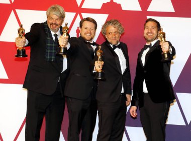 Ian Hunter, J.D. Schwalm, Paul Lambert ve Tristan Myles, 91 yıllık Akademi Ödülleri - basın odası Loews Hotel Hollywood, ABD'de 24 Şubat 2019 düzenlenen.