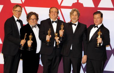 Jim Burke, Charles B. Wessler, Nick Vallelonga, Peter Farrelly ve Brian Currie, 91 yıllık Akademi Ödülleri - basın odası Loews Hotel Hollywood, ABD'de 24 Şubat 2019 düzenlenen.