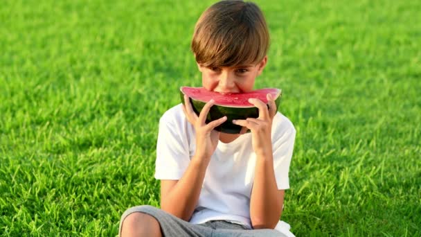 Kind Zittend Het Gras Eten Watermeloen — Stockvideo