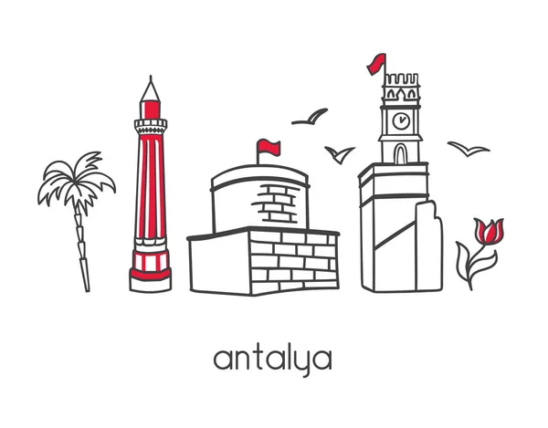 Modern vector illustration Antalya with hand drawn doodle turkish symbols and attractions: tulip, palm tree, clock tower, . Simple minimalistic design with black outline.